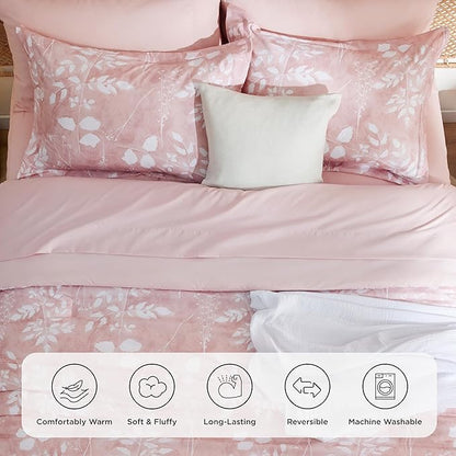 Bedsure Twin Comforter Set - 5 Pieces Floral Pink Soft Bedding Sets, Twin Bed in a Bag with Botanical Flowers Comforter, Sheets, Pillowcase & Sham