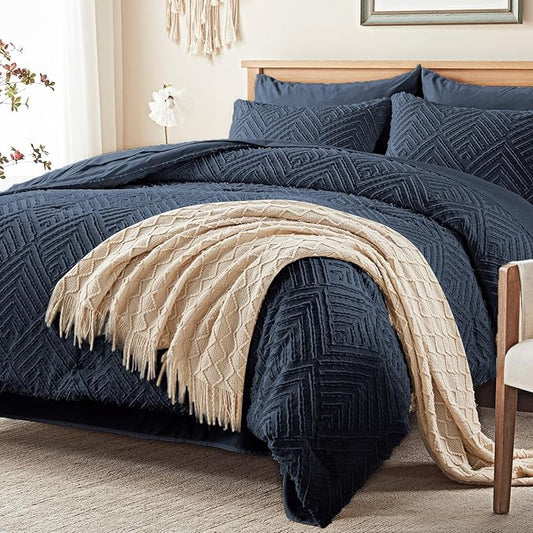 Zzlpp Twin Comforter Set 5 Pieces, Navy Blue Tufted Bed in a Bag with Comforter and Sheets, All Season Boho Bedding Sets with 1 Comforter, 1 Pillow Sham, 1 Pillowcase, 1 Flat Sheet, 1 Fitted Sheet