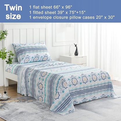JSD Blue Boho Printed Sheet Set Twin Size, 3 Piece Soft Floral Microfiber Sheets Extra Deep Pocket Wrinkle Free