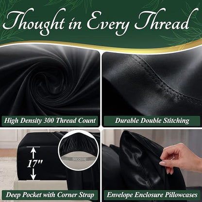 DECOLURE 100% Viscose Derived from Bamboo Sheets Full Size - Luxury 6 Pc Naturally Cooling Sheets, Ultra Soft Bed Set - Deep 17" Pockets, Durable Double Stitching, Oeko Tex Standard (Black)
