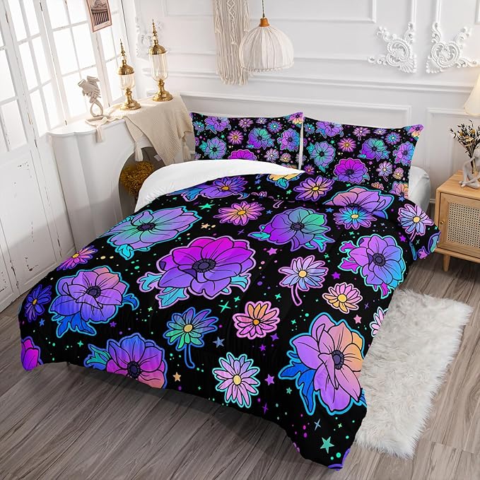 Axolotl Neon Floral Bedding Set Twin,Gradient Floral Comforter Set for Girls,Colorful Flower Bedding Set Stars,Galaxy Series Comforter for Kids Boys Girls Teens Adults,1 Quilt 2 Pillowcases,Black