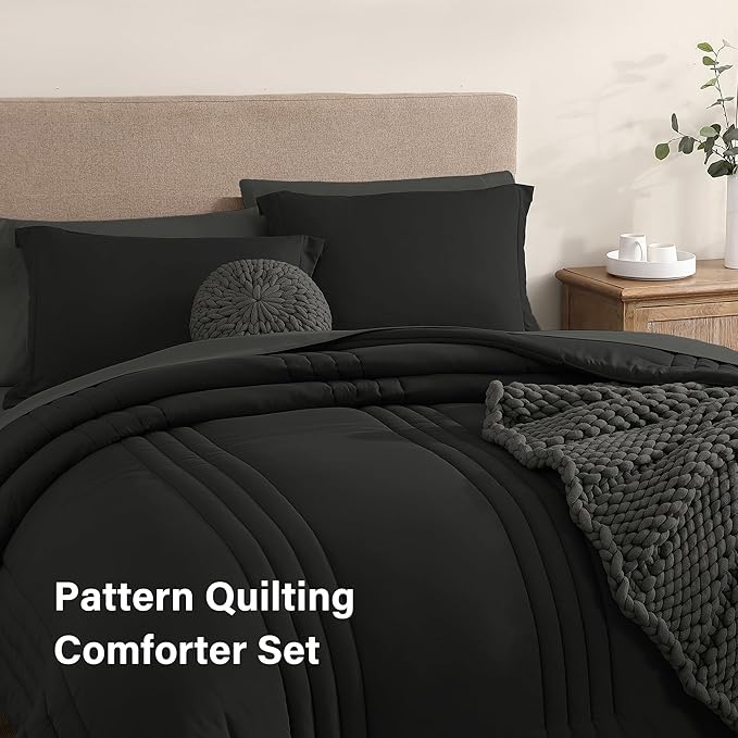 Monbix King Size Comforter Set - 7 Pieces Bed in a Bag King, Black Bedding Sets with Comforter, All Seasons Comforter Bed Set with Sheets, Pillowcases & Shams