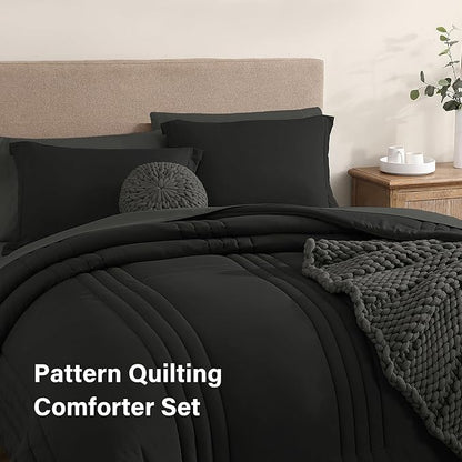 Monbix King Size Comforter Set - 7 Pieces Bed in a Bag King, Black Bedding Sets with Comforter, All Seasons Comforter Bed Set with Sheets, Pillowcases & Shams