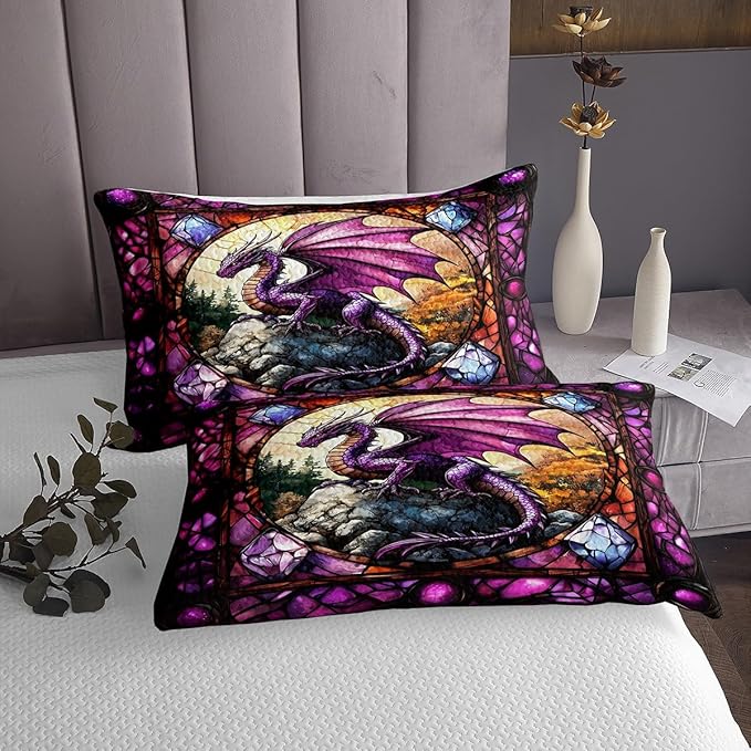 Western Dragon Kids Bedspread Queen Size,Purple Dragon Pine Trees Natural Coverlet Set,Boys Girls Room Decor,Glass Painting Geometric Quilted Coverlet,Unique Fashion Bedding Quilt,2 Pillowcases