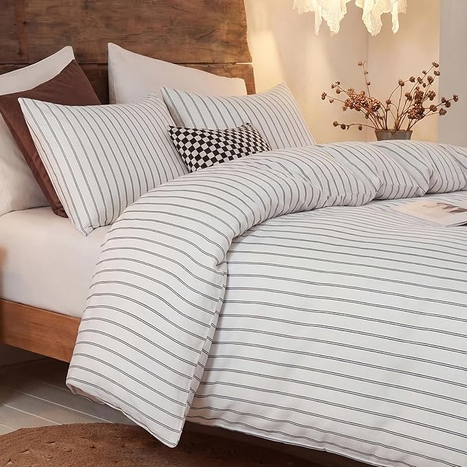 Bedbay Cotton Striped Duvet Cover Set Queen Size, Black & White Minimal Bedding Set, 100% Cotton Sateen,Soft Breathable Hotel Style Comforter Cover with Zipper Closure & Corner Ties