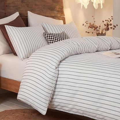 Bedbay Cotton Striped Duvet Cover Set Queen Size, Black & White Minimal Bedding Set, 100% Cotton Sateen,Soft Breathable Hotel Style Comforter Cover with Zipper Closure & Corner Ties