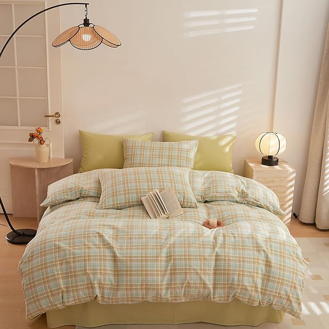 Plaid Comforter Queen Size Down Alternative Boho Bedding Set Washed Cotton Breathable Fluffy Comfy Bedding Comforter Sets Soft Cozy Farmhouse Patterned Bed Comforter with 2 Pillowcases