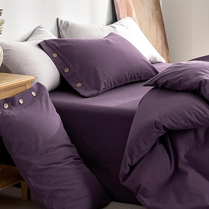 JELLYMONI 100% Washed Cotton Duvet Cover King – Soft, Breathable Linen-Look Bedding with Natural Wrinkle Texture, Button Closure, 3-Piece Set (Iris Purple, 104"x90")