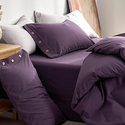 JELLYMONI 100% Washed Cotton Duvet Cover Full – Soft, Breathable Linen-Look Bedding with Natural Wrinkle Texture, Button Closure, 3-Piece Set (Iris Purple, 80"x90")