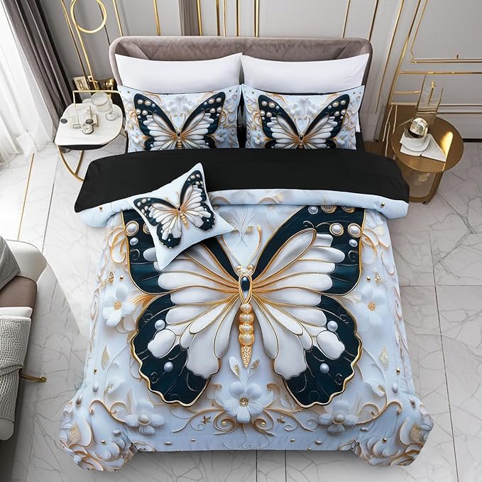 A Nice Night Full 6pcs Bed in A Bag Black and Glod Dreamy 3D Butterfly Pearl Flower Design, Butterflies Printed Bedding Full Comforter Set, for Girls Kids Teens