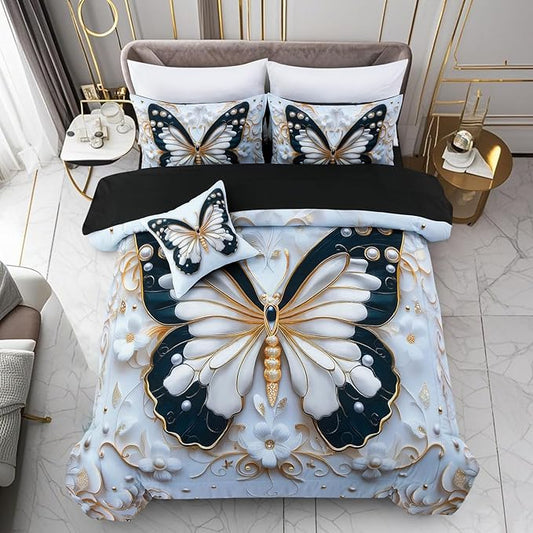 A Nice Night Full 6pcs Bed in A Bag Black and Glod Dreamy 3D Butterfly Pearl Flower Design, Butterflies Printed Bedding Full Comforter Set, for Girls Kids Teens
