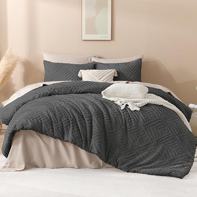 Andency Dark Grey Oversized King Comforter 120''x120'', 3 Pieces Dark Gray Super King Soft Boho Bedding Set & Collections, Farmhouse Tufted Fluffy Bed Set for All Seasons (1 Comforter, 2 Pillowcases)