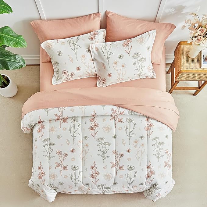 AIKASY Bed in a Bag 6 Pieces - Floral Print - Soft Microfiber, Reversible Bed Comforter Set (1 Comforter, 2 Pillow Shams, 1 Flat Sheet, 1 Fitted Sheet, 1 Pillowcases) (Sea Green, Twin)