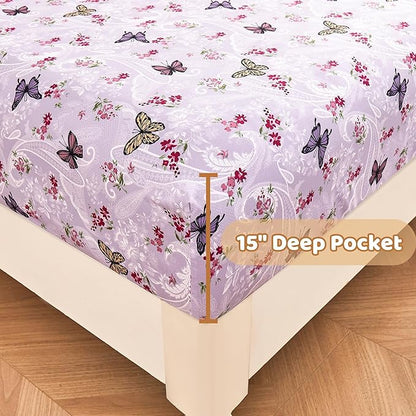Softan Purple Floral Bed Sheets Full, Paisley Flower Printed Sheet Set, Cozy Microfiber Fitted Sheet with 15" Deep Pocket & Non-Slip Straps, Butterfly Patterned Sheets & Pillowcase Set