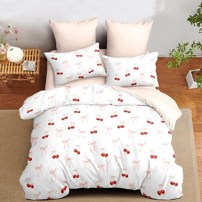 Nayoroom Pink Bow Comforter Set Queen Size Reversible Red Cherry Comforter 3 Pieces Soft Lightweight Kids Girls Cute Aesthetic Dorm