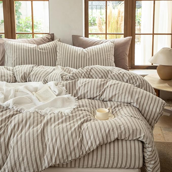 Luxury 100% Washed Cotton Linen Like Duvet Cover Set,3 Pcs Striped Trendy Bedding with Zipper Closure(Linen Grey,Queen)