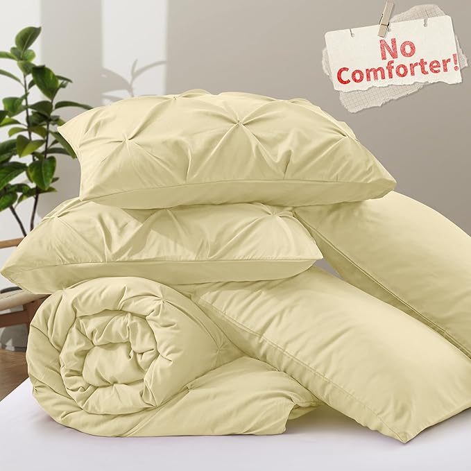 VACVELT 5 Piece Pinch Pleated Duvet Cover King Size Set, Beige Pintuck Duvet Cover with Zipper & 8 Ties, Shabby Chic Microfiber + 2 Pillow Shams + 2 Pillowcases, No Comforter