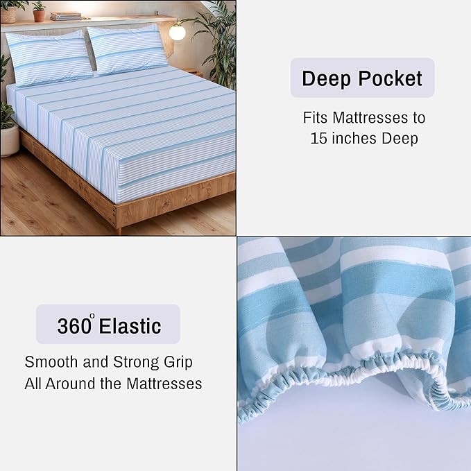 RUVANTI 100% Organic Cotton Sheets Full Size, Percale Weave, GOTS Certified, 4-Piece Set, Deep Pocket 15", Crisp & Breathable, Soft Durable Bedding, Sábanas Algodón Orgánico – Nautical Stripes