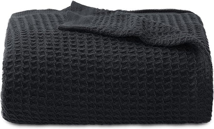 Bedsure Gentlesoft 100% Cotton Throw Blanket for Couch 50x70 inches - Cooling Breathable and Soft for Spring Summer, Waffle Weave Throw Blanket for Office, Black