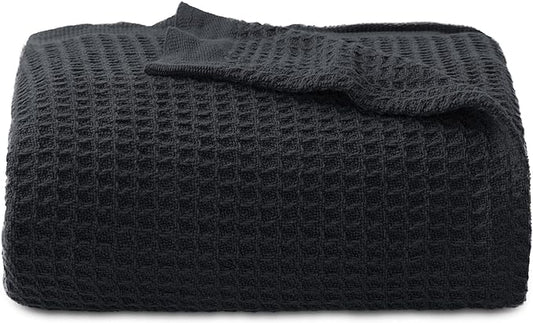 Bedsure Gentlesoft 100% Cotton Throw Blanket for Couch 50x70 inches - Cooling Breathable and Soft for Spring Summer, Waffle Weave Throw Blanket for Office, Black