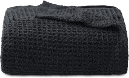 Bedsure Gentlesoft 100% Cotton Blanket Twin XL Size for College Dorm - Cooling Breathable and Soft for Spring Summer, Waffle Weave Twin Blanket for Bed, Dorm Room Essentials, Black, 66x90 inches