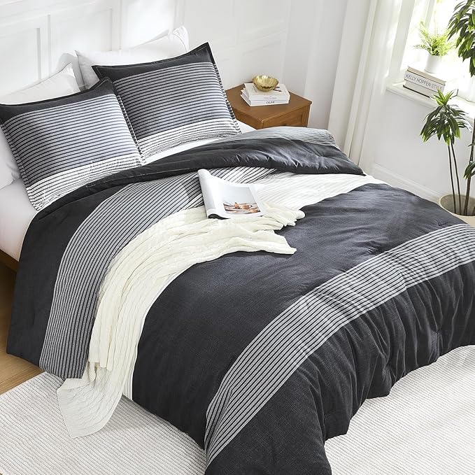 Litanika Oversized Alaskan King Comforter Set Black White Grey 128x120-3 Pieces Lightweight Colorblock Stripe Fluffy Bedding Comforter Sets, All Season Bed Set