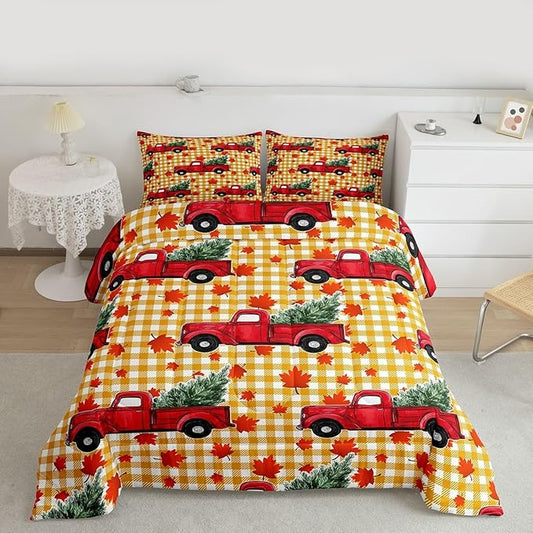 Erosebridal Christmas Comforter Set King, Red Truck Down Comforter, Xmas Tree Maple Leaves Bedding Set, Yellow Lattice Grid Comforters & Sets, Autum Quilt for Kids Teens Bedroom Decor