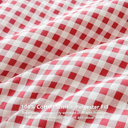 NSNLGSGC Red Gingham Cotton Comforter Set King, 100% Washed Cotton Red Plaid Checked Comforter Bedding, 3 Pieces Vintage Farmhouse Grid Bedding Set(Red Gingham, King)
