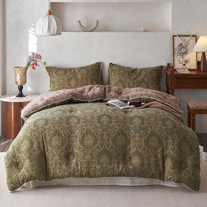 HighBuy Full Comforter Set Olive Green Paisley Floral Comforters Full Size Luxury Soft Muslin Cotton for All Seasons Floral Bedding Set with Comforters,2 Pillowcases,Breathable
