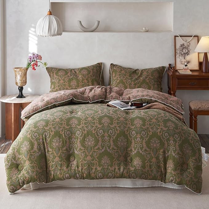 HighBuy Muslin Cotton Comforter Set King Size Paisley Floral Print Hotel Luxury Breathable Bedding Comforter All Season Olive Green Boho Bedding Set with 1 Floral Comforter 2 Pillowcases