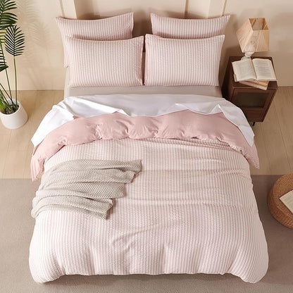 Striped Comforter Set Queen Pink Soft Luxury Washed Microfiber Jacquard 3 Pieces Bedding Set, White Pink Vertical Ticking Stripes Pattern Comforter with 2 Pillowcases Breathable Durable Comfy