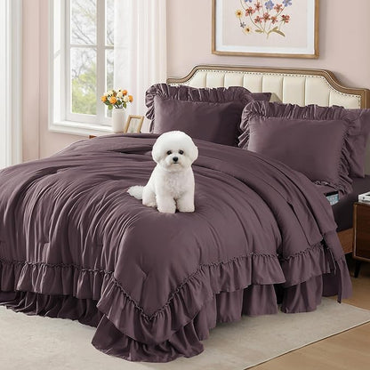 King Size Comforter Set Dark Purple, Ruffle Shabby Chic Bedding Set Farmhouse 7 Pieces, All Season Fluffy Bed in a Bag with Sheets, Pillowcases & Shams