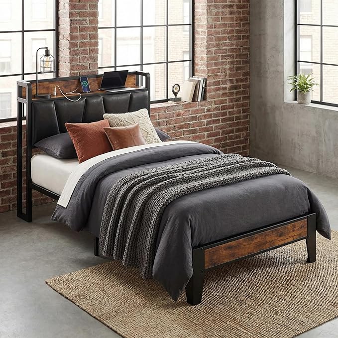 LIKIMIO Twin Bed Frame, Storage Headboard with Charging Station, Solid and Stable, Noise Free, No Box Spring Needed, Easy Assembly (Vintage and Black)
