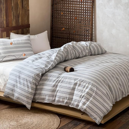 EAVD Retro Grey White Striped Duvet Cover Full Soft 100% Washed Cotton Reversible Striped Bedding Set with 2 Pillowcases Farmhouse Geometric Pattern Duvet Cover with Zipper Closure