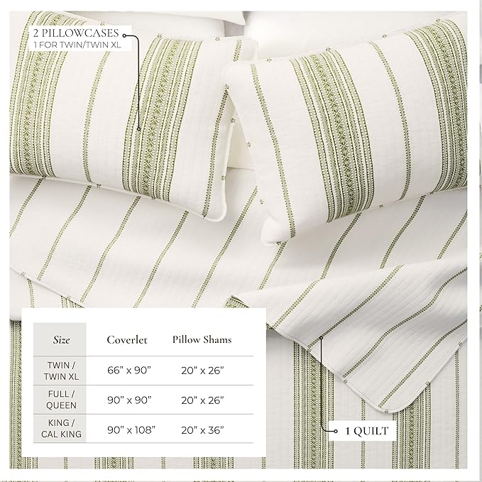 Great Bay Home Striped Quilt Set - 3-Piece Full/Queen Size Farmhouse Bedding Set - Lightweight, All-Season, Reversible Bedspread (White/Green)