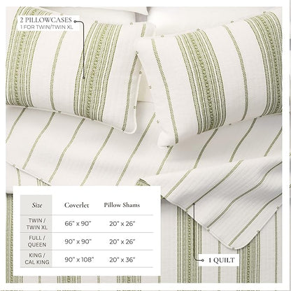 Great Bay Home Striped Quilt Set - 3-Piece Full/Queen Size Farmhouse Bedding Set - Lightweight, All-Season, Reversible Bedspread (White/Green)