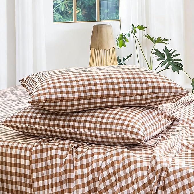 MooMee Bedding Pillowcases Gingham Pack of 2 100% Washed Cotton Linen Like Textured Breathable Durable Soft Comfy (Classic Gingham Dark Orange, Queen)