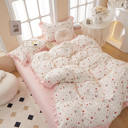 HighBuy Full Comforter Set Strawberry Print Comforter Cozy Soft Ruffled Bedding Set White Pink Cute Girl Bedding Comforter Set Full Bed Set Fluffy 1 Ruffle Comforters with 2 Pillowcases