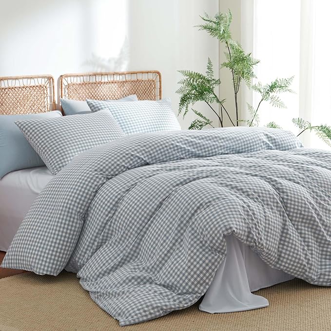 Nayoroom Gingham Duvet Cover King Size 100% Washed Cotton Blue Plaid Checkered Comforter Cover 3 Pcs Soft Breathable Grid Farmhouse Dorm Bedding Set for All Seasons