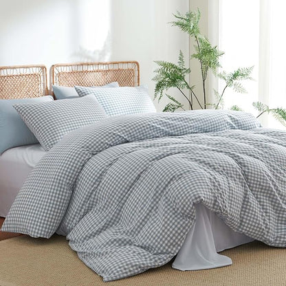 Nayoroom Gingham Duvet Cover Queen Size 100% Washed Cotton Blue Plaid Checkered Comforter Cover 3 Pcs Soft Breathable Grid Farmhouse Dorm Bedding Set for All Seasons