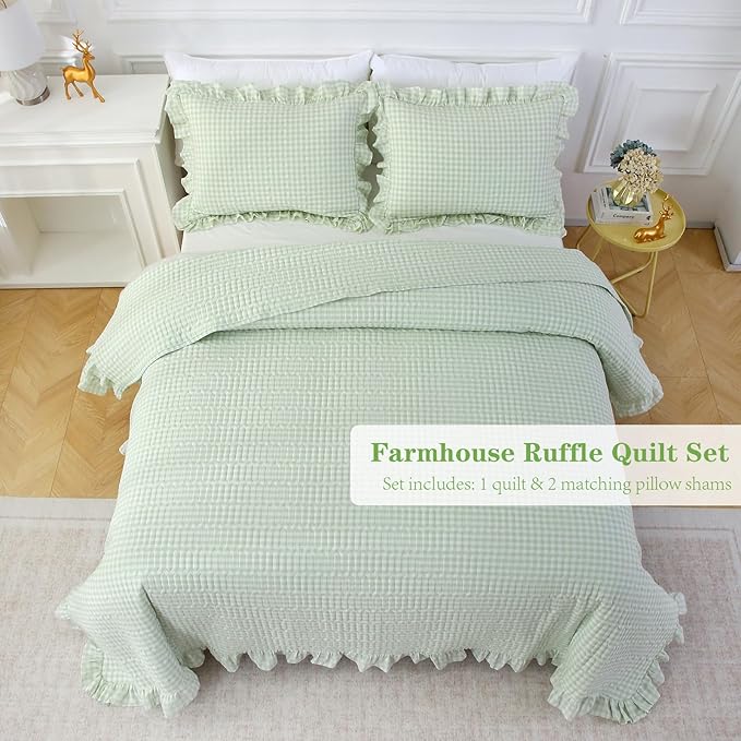Pile Green White Ruffle Gingham Quilt Set Queen Size with Pillow Shams, 100% Washed Cotton Yarn-Dyed Quilted Bedspread Bedding Set (Pile Green, Queen)