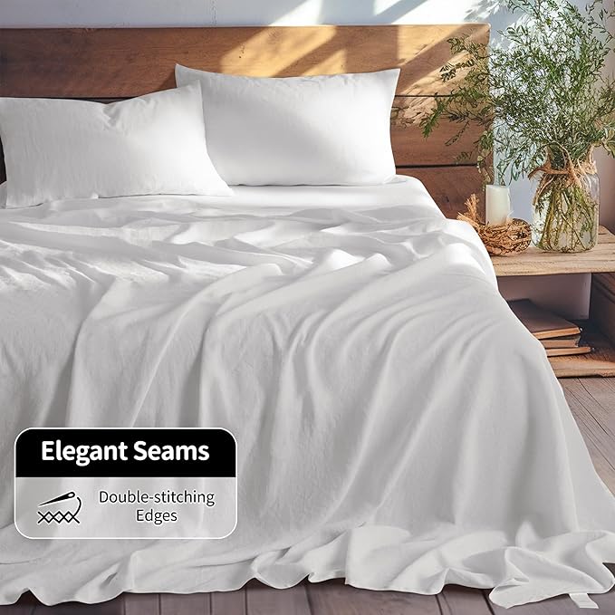 LBRO2M 100% Pure Linen Sheet Set Deep Pocket Up to 16" Bed Sheets Sets, Natural Flax Beddings Soft, Breathable, Comfortable for All Seasons Twin Size, White