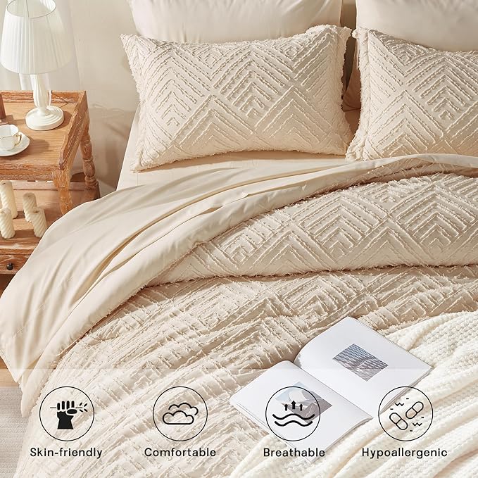Zzlpp Twin Comforter Set 5 Pieces, Beige Tufted Bed in a Bag with Comforter, Pillow Sham, Pillowcase, Flat Sheet, Fitted Sheet - All Season Boho Bedding Sets