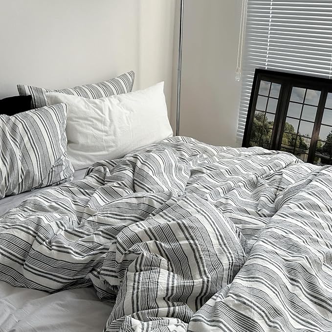 VM VOUGEMARKET Full Comforter Set Vintage Grey White Striped Dorm Bedding with Matching Pillowcases Lightweight Luxury Comforter for Boys Men