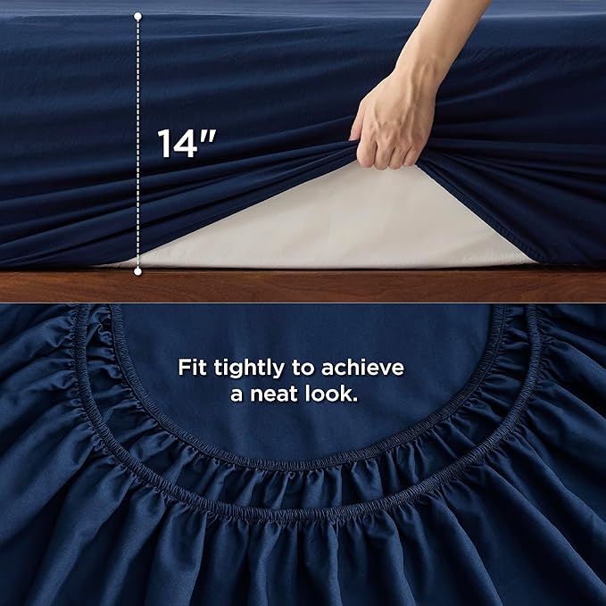 Bedsure Full Comforter Set with Sheet - 4 Pieces Soft Navy Blue Bedding, Grid Pinch Pleat, All Season Lightweight Fluffy Bed Set with Solid Boho Comforter, Pillowcases & Sheet