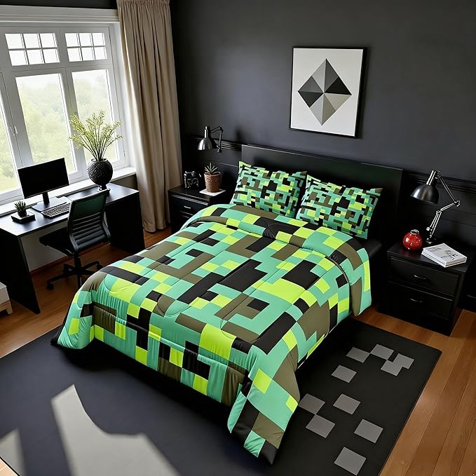 Pixel Grid Miners Kids Bedding Set King Size,Geometric Grid Patchwork Pixelated Comforter Set，Cartoon Gamepad Video Games Quilt Comforter,Cyan Green Bedroom Duvet Insert,2 Pillowcases