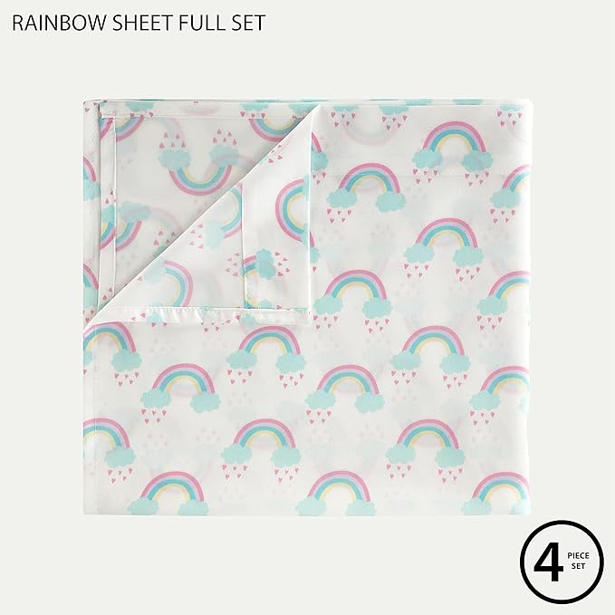 Heritage Kids 4 Piece Sheet Set Full – Rainbow Print, Includes Fitted Sheet, Flat Top Sheet & 2 Pillowcases, Soft Kids Bedding Set