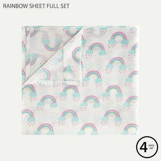 Heritage Kids 4 Piece Sheet Set Full – Rainbow Print, Includes Fitted Sheet, Flat Top Sheet & 2 Pillowcases, Soft Kids Bedding Set