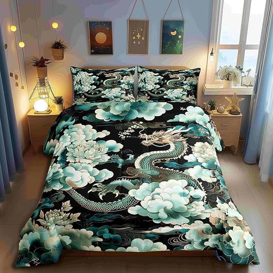 Castle Fairy Chinese Loong Bedding Set for Boys Girls,Dragon All Season Cozy Comforter Set Full Size,Propitious Cloud Peony Flower Duvet Set Bedroom Decor,Festival Gifts