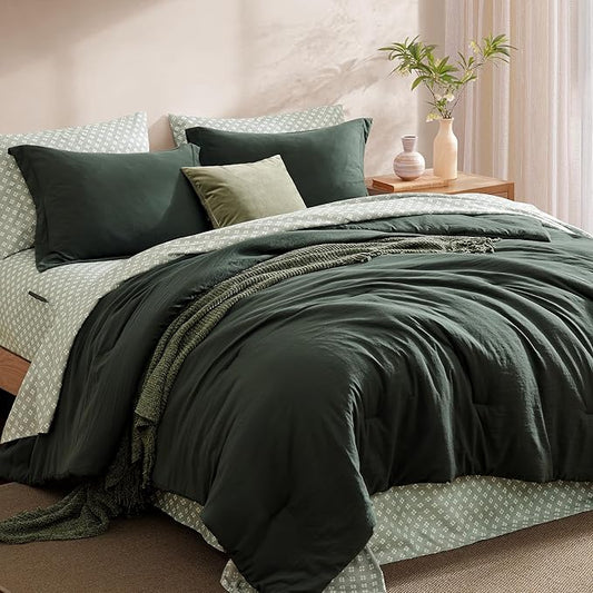 Monbix Queen Comforter Set - 7 Pieces Deep Forest Prewashed Bed in a Bag Queen Bedding Sets with Comforters, All Seasons Ultra Soft Comforter Bed Set with Sheets,Pillowcases & Shams